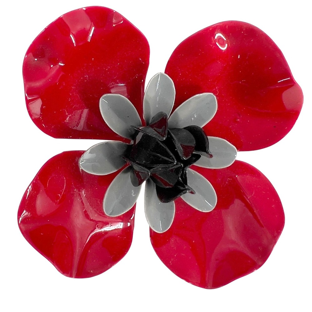 Vintage Red‎ Poppy Flower Enamel Barette 3D Layered Floral Hair Ornament 2.25 in